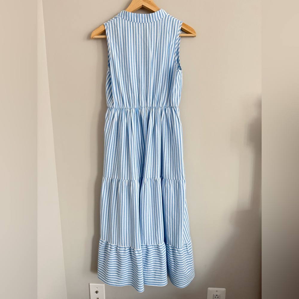SHEIN Breezaya Striped Print Notched Neck A-Line Dress Blue White 4 - Picture 5 of 12
